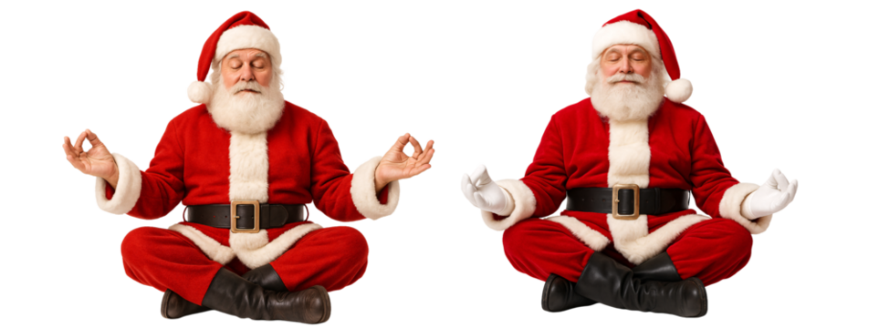 Santa in meditation pose on a transparent background. Christmas. Holiday greeting.