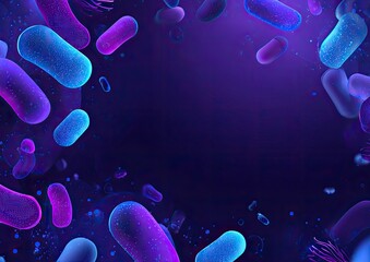 Abstract illustration of vibrant, glowing microscopic organisms floating on a gradient, dark backdrop