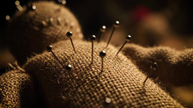 Close up on a Voodoo Doll With Pins in the Body, Dark Magic Ritual at Night