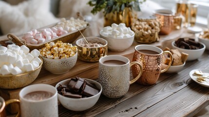 Delicious hot cocoa bar setup with various toppings and treats for a cozy gathering