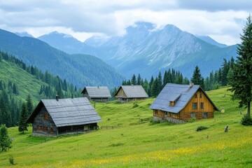 Picturesque alpine landscape with wooden cabins nestled in lush green mountains