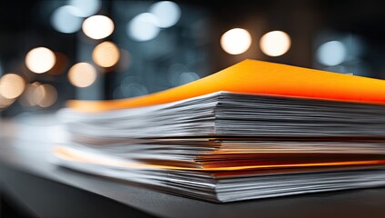 Pile of papers, with bright orange cover, blurred background with bokeh lights