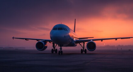Obraz premium A commercial airliner, parked on a tarmac, bathed in the warm hues of a fiery sunset