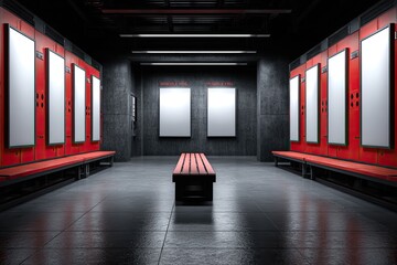 An empty, modern locker room with red lockers and benches, under low, industrial lighting