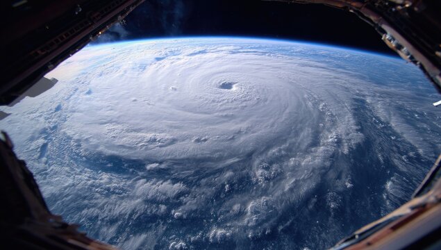 The Earth from above, capturing a massive hurricane swirling in the atmosphere. The sky curves over
