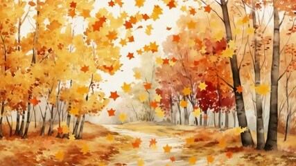 Aerial view of a vibrant autumn forest with falling leaves, capturing the essence of fall. Ideal for a serene nature video backdrop. Live desktop wallpaper.