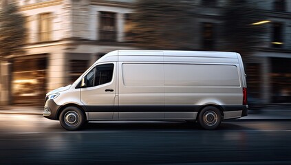 Side view of a light-colored delivery vehicle speeding down a city street, motion blur