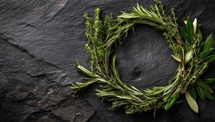 Overhead shot of a circular wreath composed of fresh green herbs on a dark textured surface