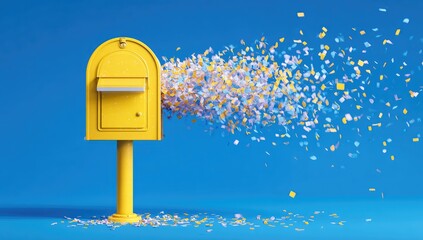 Vibrant image depicting a bright yellow mailbox expelling a flurry of colorful confetti against a blue backdrop