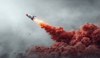 A rocket ascends, leaving a trail of crimson smoke, soaring against a cloudy, gray backdrop