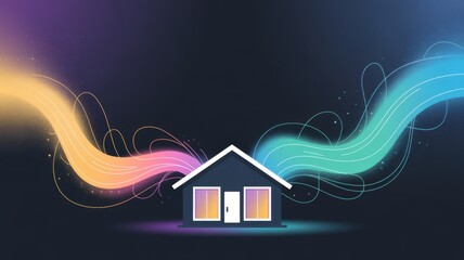 Colorful abstract illustration of a house with flowing waves.