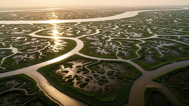 Aerial View of Winding River Delta at Sunset.