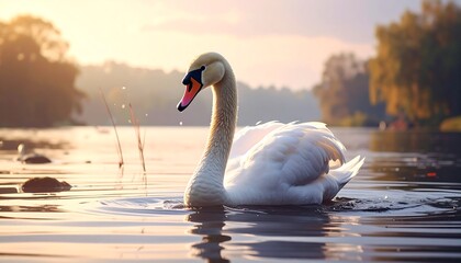 A graceful white swan gliding on a calm lake at sunset or sunrise