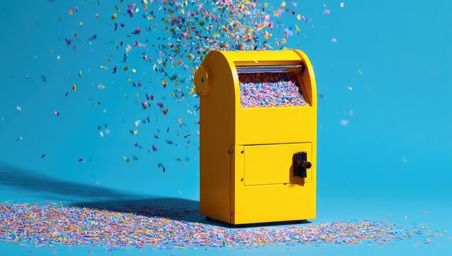 A bright yellow machine spews colorful confetti against a vibrant blue background