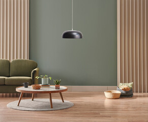 Green living room wall background with grey decorative chair, lamp frame middle table and poster style.