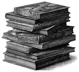 A black and white detailed drawing of a stack of various textured and sized hardcover books