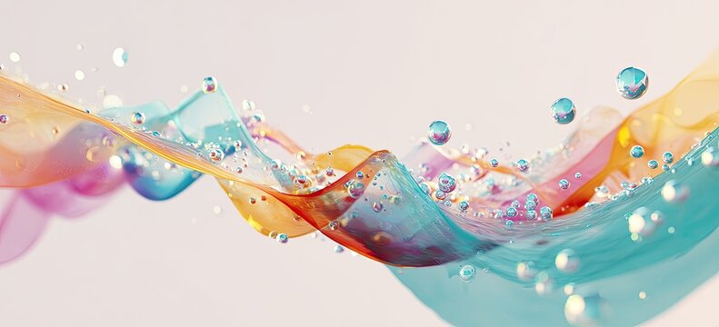 Abstract image of flowing, colorful ribbons with scattered bubbles against a soft background
