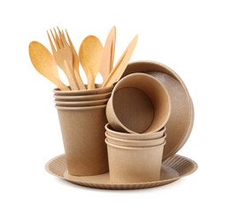 Set of disposable tableware isolated on white