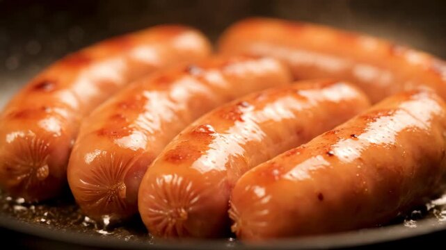 Sizzling Sausages Cooking in a Pan on a Stovetop for Lunch or Dinner