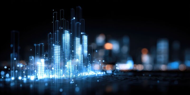 Futuristic city rendered in blue light with translucent skyscraper outlines against a dark background