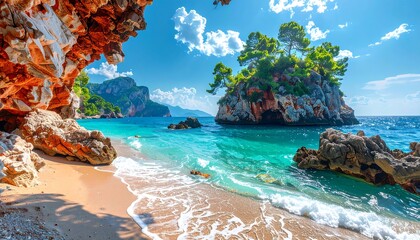 Vivid seascape scene with transparent turquoise water, rocky cliffs, a small island with verdant vegetation, and blue skies