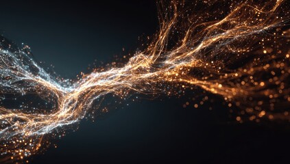 Abstract swirling particles in shades of blue and gold against a dark background