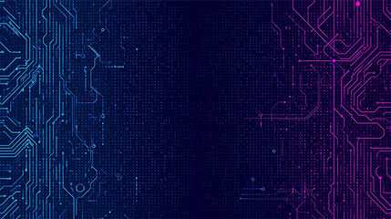 Abstract digital circuit board background with glowing blue and purple lines on a dark blue gradient, representing technology and data flow.