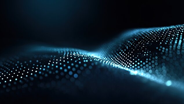 Blue, wavy pattern created by numerous connected points, conveying a sense of technology and data