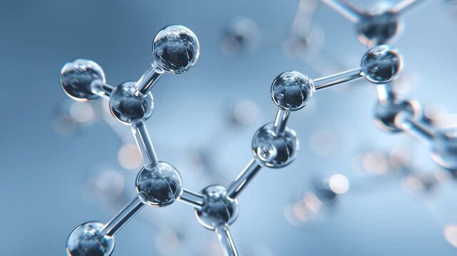 Complex, interconnected structure of carbon based molecules on a sleek blue background. Molecular atoms, intricate chemical bonds details. Scientific innovation research in modern context. Close-up