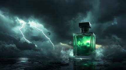 Green glass perfume bottle illuminated by lightning, set against dark storm clouds.