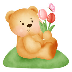 Cute Teddy Bear Sitting on Green Hill with Tulips and Butterfly, Springtime Animal Illustration, Floral Greeting