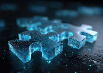 Close-up of illuminated jigsaw pieces floating against a dark, textured background, sparking