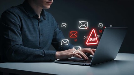 A businessman typing on a laptop with floating envelopes with red spam alerts above the laptop for scam alert warning, fraud alert, email spam danger - Powered by Adobe