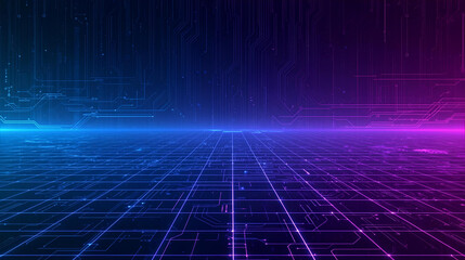 Abstract digital grid background with glowing blue and purple lines, representing technology and data.