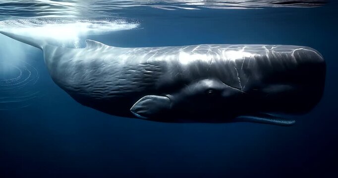 Majestic sperm whale swimming gracefully in deep ocean waters, serene backdrop