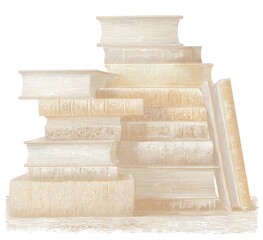 Stack of off-white, aged books with detailed spines and pages, some upright