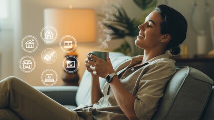 Relaxing woman enjoying coffee with financial digital icons around her.