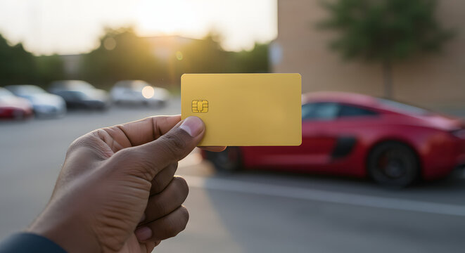 Afro-American man holding golden credit card in front of red car  