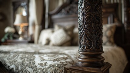 Medium shot of a custommade canopy beds decorative corner post with detailed carving in focus and the rest of the airy bedroom set out of focus.
