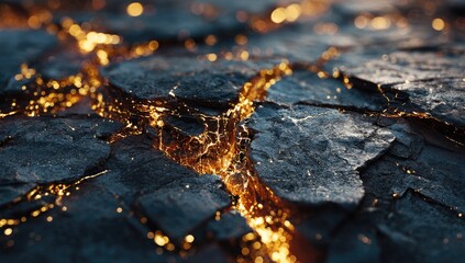 Close-up view of fractured, dark rock with glowing, golden light spilling through the cracks