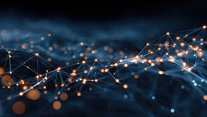 Abstract digital network of illuminated nodes and connecting lines against a blurred background