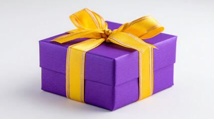 Obraz premium Vibrant Purple Gift Box With Golden Yellow Ribbon on Clean White Background, a Perfect Celebration Present