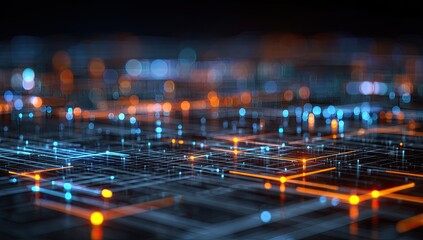 Abstract image of glowing grid lines and bokeh dots, representing data flow