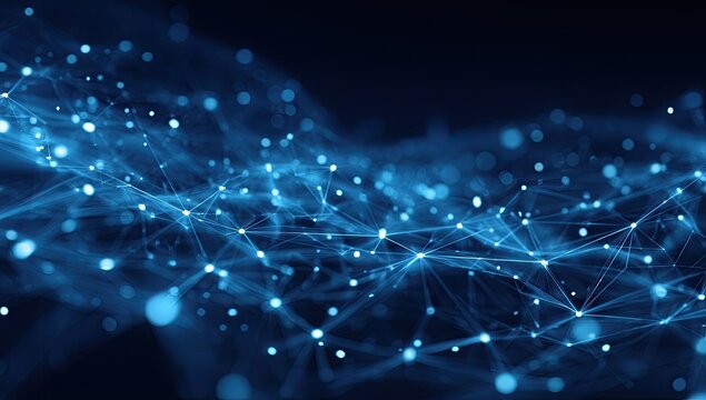 Abstract illustration of interconnected glowing nodes representing data flow in a digital network - Powered by Adobe