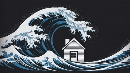 A house caught in a massive wave illustration.