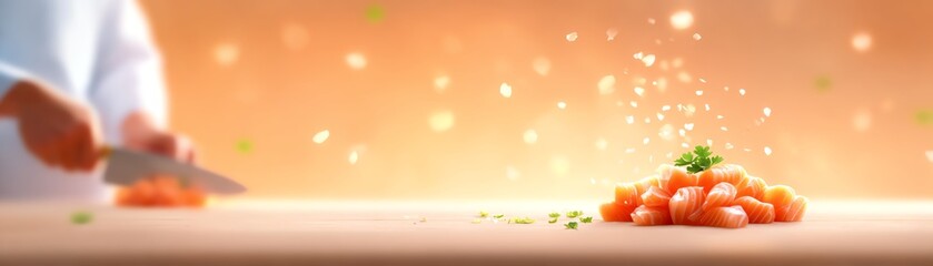 A chef skillfully preparing fresh ingredients, highlighting culinary art and creativity in a vibrant kitchen setting.