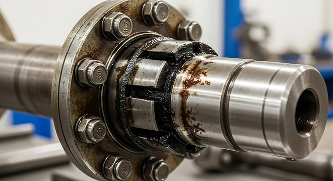Close-up of a Damaged Universal Joint on a Metal Shaft.