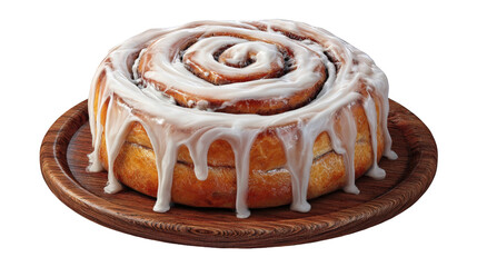 Freshly baked cinnamon roll with sweet white icing drizzled on a wooden plate isolated on transparent background