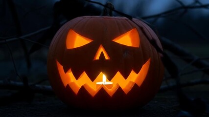 A glowing jack-o'-lantern gives an eerie Halloween vibe. - Powered by Adobe