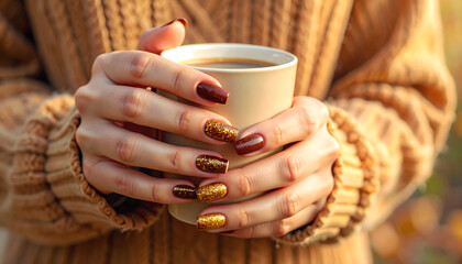 Person enjoying a warm beverage and admiring gold glitter nail polish, holding a coffee cup, conveying comfort and a relaxed break from daily routines